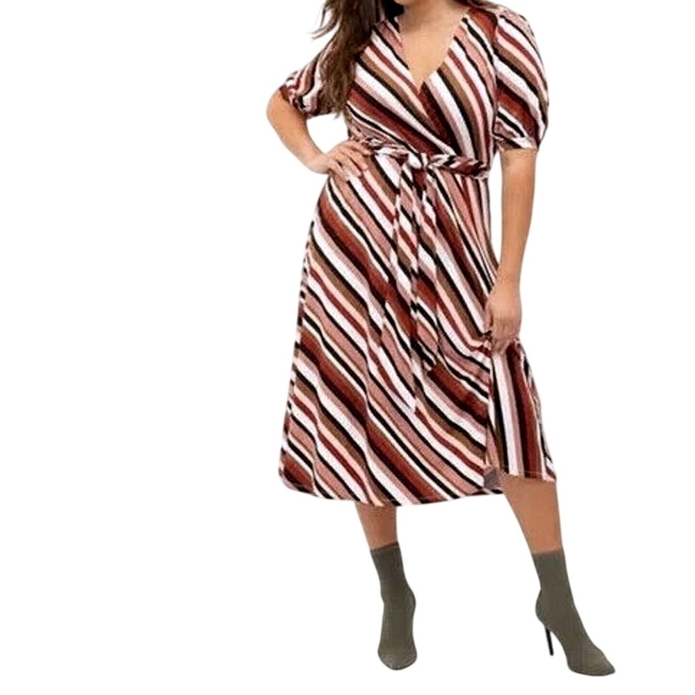 Eloquii Dress Flattering Striped Faux Wrap Midi Women's Size 18 Plus Tie Waist